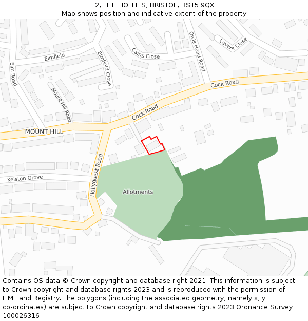 2, THE HOLLIES, BRISTOL, BS15 9QX: Location map and indicative extent of plot