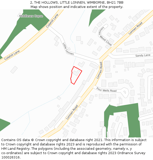 2, THE HOLLOWS, LITTLE LONNEN, WIMBORNE, BH21 7BB: Location map and indicative extent of plot