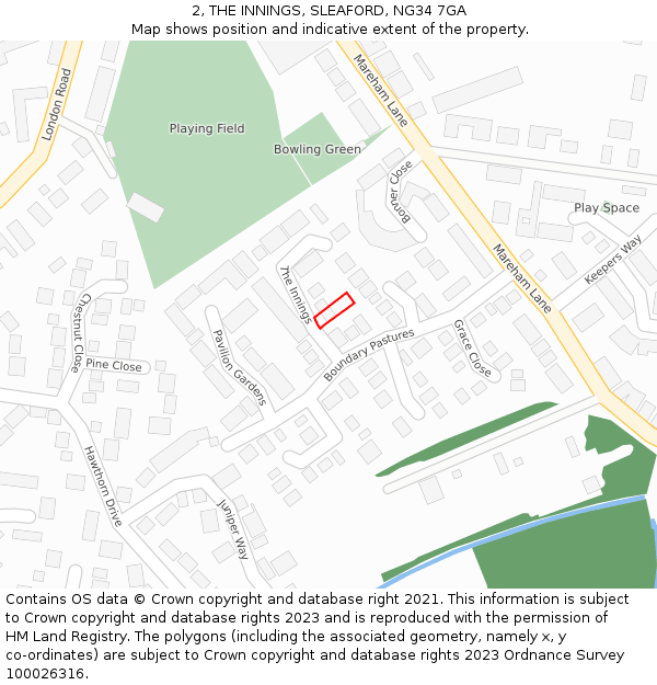 2, THE INNINGS, SLEAFORD, NG34 7GA: Location map and indicative extent of plot