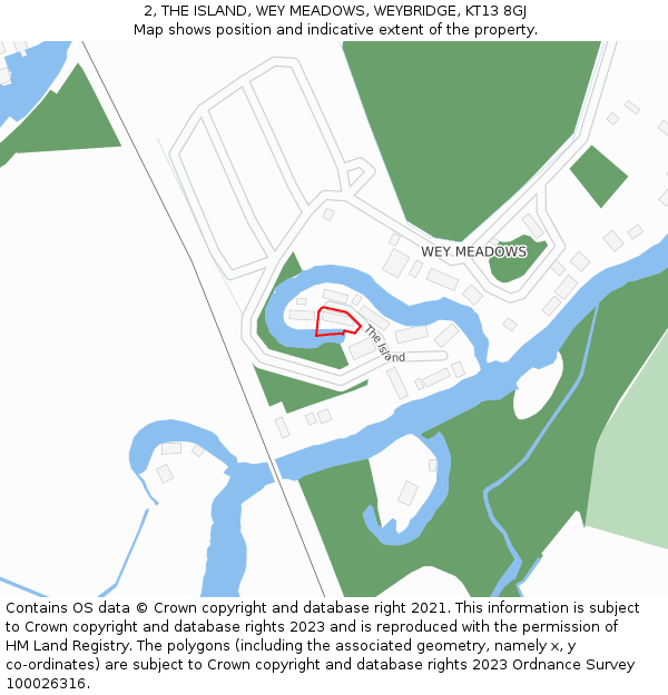 2, THE ISLAND, WEY MEADOWS, WEYBRIDGE, KT13 8GJ: Location map and indicative extent of plot