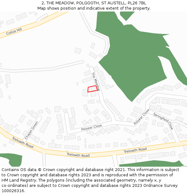 2, THE MEADOW, POLGOOTH, ST AUSTELL, PL26 7BL: Location map and indicative extent of plot