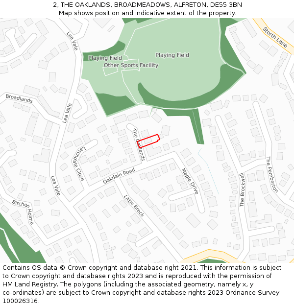 2, THE OAKLANDS, BROADMEADOWS, ALFRETON, DE55 3BN: Location map and indicative extent of plot