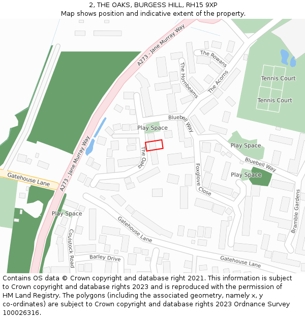 2, THE OAKS, BURGESS HILL, RH15 9XP: Location map and indicative extent of plot