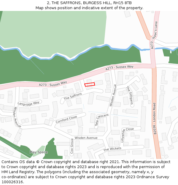 2, THE SAFFRONS, BURGESS HILL, RH15 8TB: Location map and indicative extent of plot