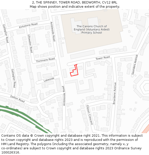 2, THE SPINNEY, TOWER ROAD, BEDWORTH, CV12 8RL: Location map and indicative extent of plot