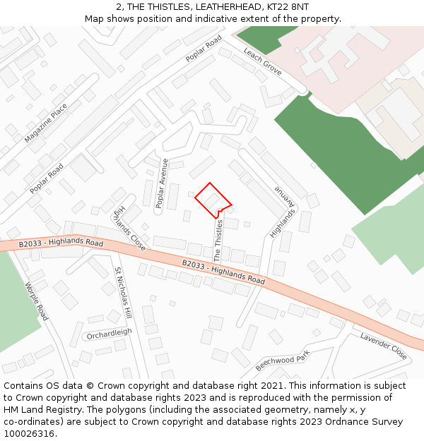 2, THE THISTLES, LEATHERHEAD, KT22 8NT: Location map and indicative extent of plot