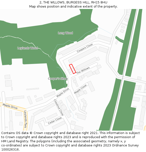 2, THE WILLOWS, BURGESS HILL, RH15 8HU: Location map and indicative extent of plot