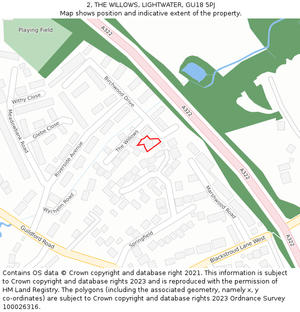 2, THE WILLOWS, LIGHTWATER, GU18 5PJ: Location map and indicative extent of plot