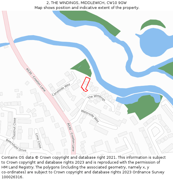 2, THE WINDINGS, MIDDLEWICH, CW10 9GW: Location map and indicative extent of plot