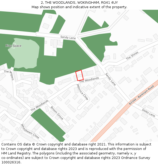 2, THE WOODLANDS, WOKINGHAM, RG41 4UY: Location map and indicative extent of plot