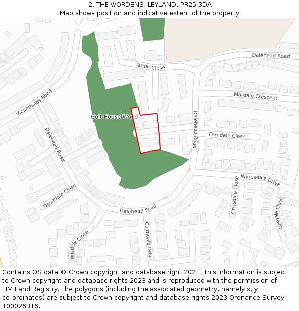 2, THE WORDENS, LEYLAND, PR25 3DA: Location map and indicative extent of plot