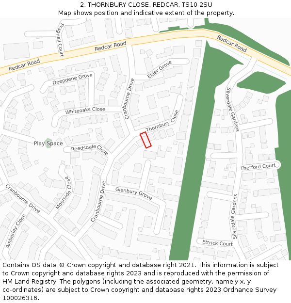 2, THORNBURY CLOSE, REDCAR, TS10 2SU: Location map and indicative extent of plot