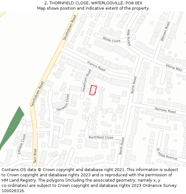 2, THORNFIELD CLOSE, WATERLOOVILLE, PO8 0EX: Location map and indicative extent of plot