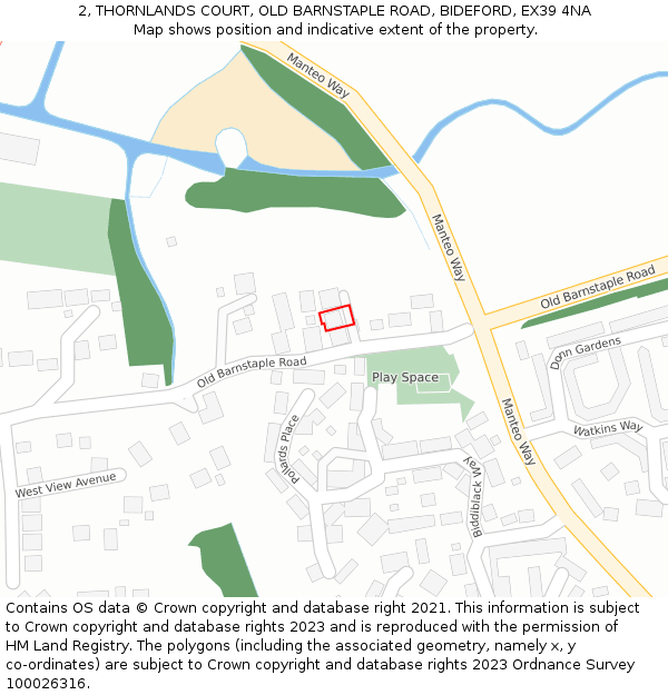 2, THORNLANDS COURT, OLD BARNSTAPLE ROAD, BIDEFORD, EX39 4NA: Location map and indicative extent of plot