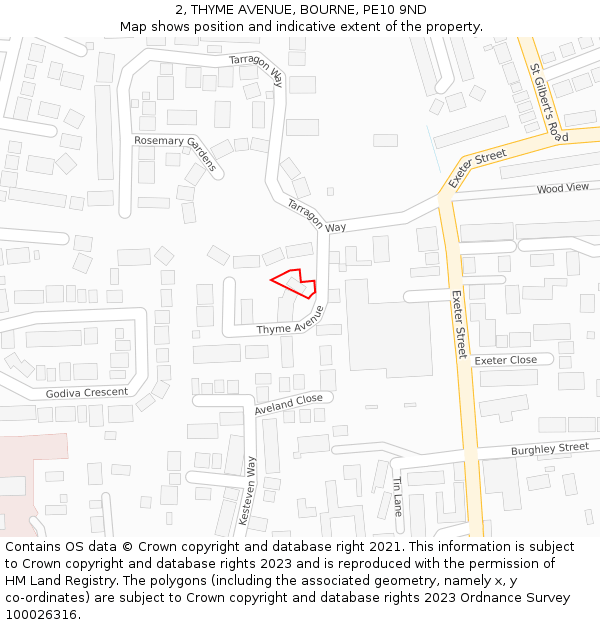 2, THYME AVENUE, BOURNE, PE10 9ND: Location map and indicative extent of plot