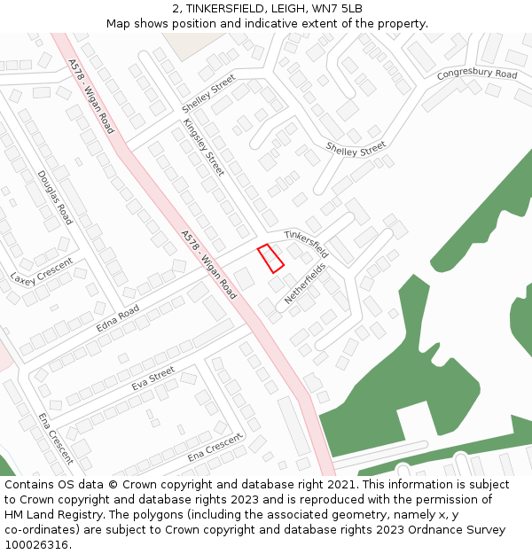 2, TINKERSFIELD, LEIGH, WN7 5LB: Location map and indicative extent of plot