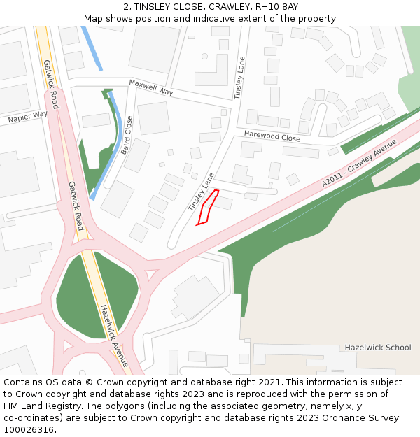 2, TINSLEY CLOSE, CRAWLEY, RH10 8AY: Location map and indicative extent of plot