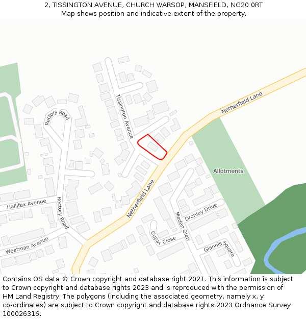 2, TISSINGTON AVENUE, CHURCH WARSOP, MANSFIELD, NG20 0RT: Location map and indicative extent of plot