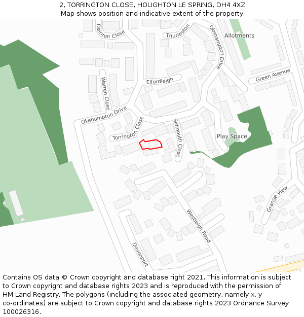 2, TORRINGTON CLOSE, HOUGHTON LE SPRING, DH4 4XZ: Location map and indicative extent of plot