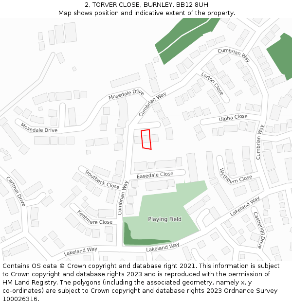 2, TORVER CLOSE, BURNLEY, BB12 8UH: Location map and indicative extent of plot