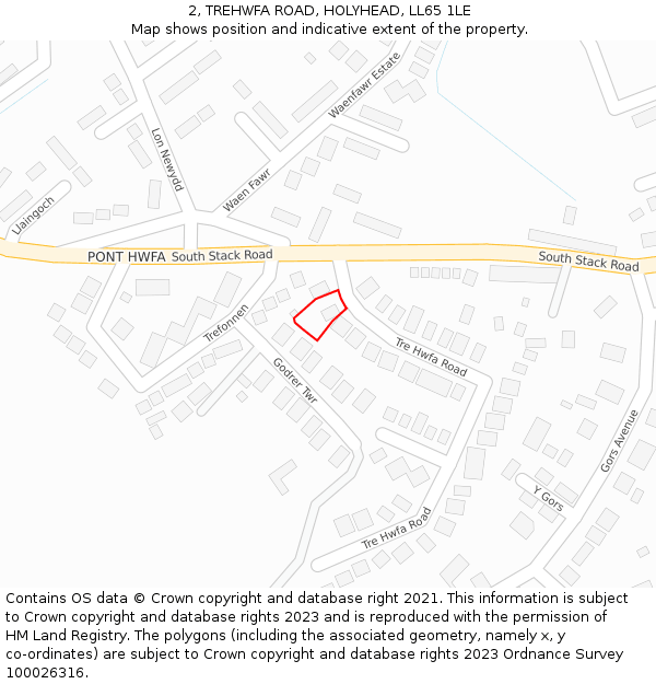 2, TREHWFA ROAD, HOLYHEAD, LL65 1LE: Location map and indicative extent of plot