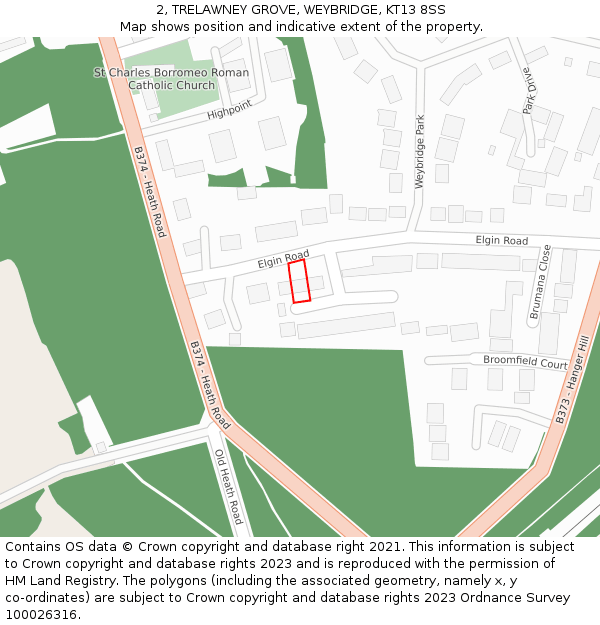 2, TRELAWNEY GROVE, WEYBRIDGE, KT13 8SS: Location map and indicative extent of plot