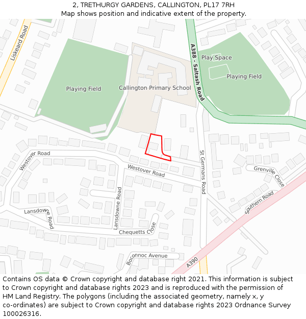 2, TRETHURGY GARDENS, CALLINGTON, PL17 7RH: Location map and indicative extent of plot