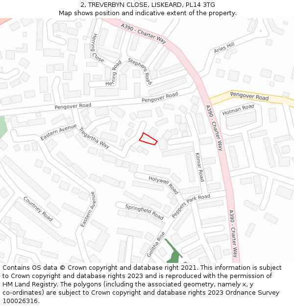 2, TREVERBYN CLOSE, LISKEARD, PL14 3TG: Location map and indicative extent of plot