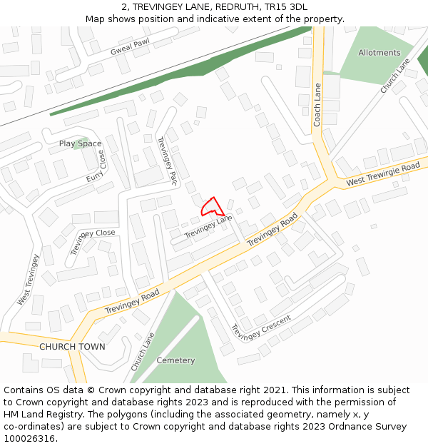 2, TREVINGEY LANE, REDRUTH, TR15 3DL: Location map and indicative extent of plot