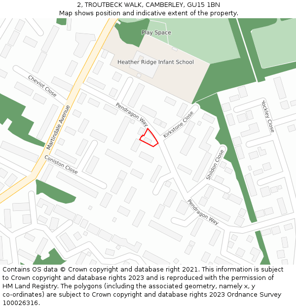 2, TROUTBECK WALK, CAMBERLEY, GU15 1BN: Location map and indicative extent of plot