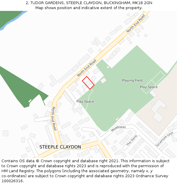 2, TUDOR GARDENS, STEEPLE CLAYDON, BUCKINGHAM, MK18 2GN: Location map and indicative extent of plot