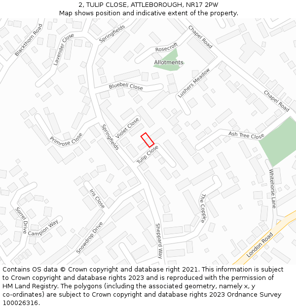 2, TULIP CLOSE, ATTLEBOROUGH, NR17 2PW: Location map and indicative extent of plot