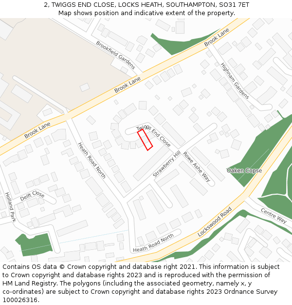 2, TWIGGS END CLOSE, LOCKS HEATH, SOUTHAMPTON, SO31 7ET: Location map and indicative extent of plot