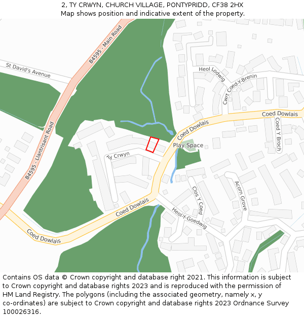 2, TY CRWYN, CHURCH VILLAGE, PONTYPRIDD, CF38 2HX: Location map and indicative extent of plot