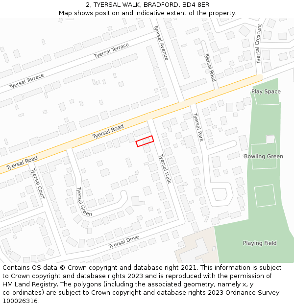 2, TYERSAL WALK, BRADFORD, BD4 8ER: Location map and indicative extent of plot
