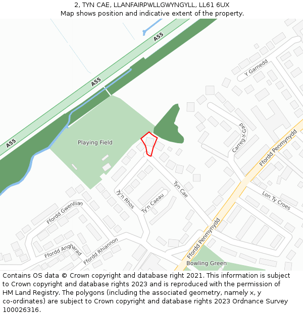 2, TYN CAE, LLANFAIRPWLLGWYNGYLL, LL61 6UX: Location map and indicative extent of plot