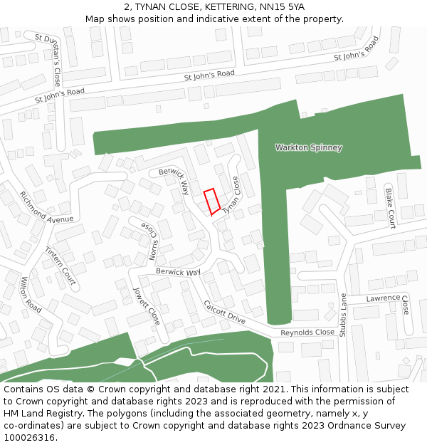 2, TYNAN CLOSE, KETTERING, NN15 5YA: Location map and indicative extent of plot
