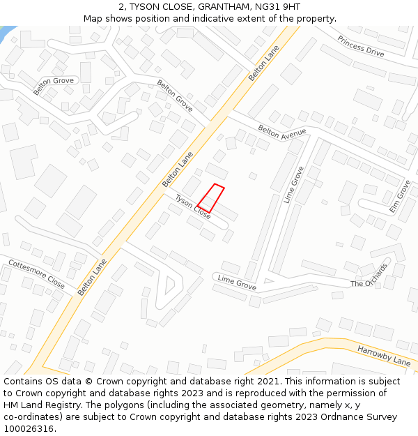 2, TYSON CLOSE, GRANTHAM, NG31 9HT: Location map and indicative extent of plot