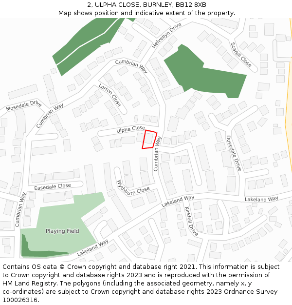 2, ULPHA CLOSE, BURNLEY, BB12 8XB: Location map and indicative extent of plot