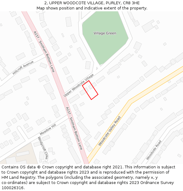 2, UPPER WOODCOTE VILLAGE, PURLEY, CR8 3HE: Location map and indicative extent of plot