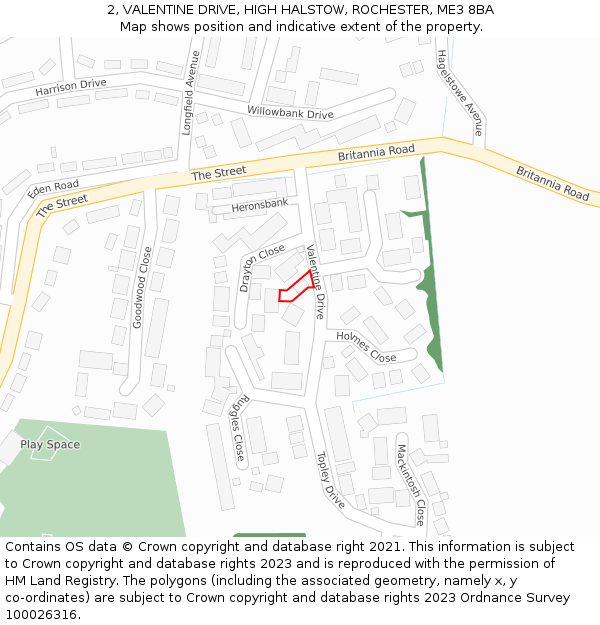 2, VALENTINE DRIVE, HIGH HALSTOW, ROCHESTER, ME3 8BA: Location map and indicative extent of plot