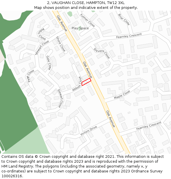 2, VAUGHAN CLOSE, HAMPTON, TW12 3XL: Location map and indicative extent of plot