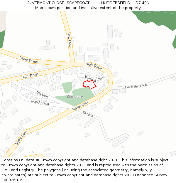 2, VERMONT CLOSE, SCAPEGOAT HILL, HUDDERSFIELD, HD7 4PN: Location map and indicative extent of plot