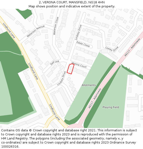 2, VERONA COURT, MANSFIELD, NG18 4HN: Location map and indicative extent of plot