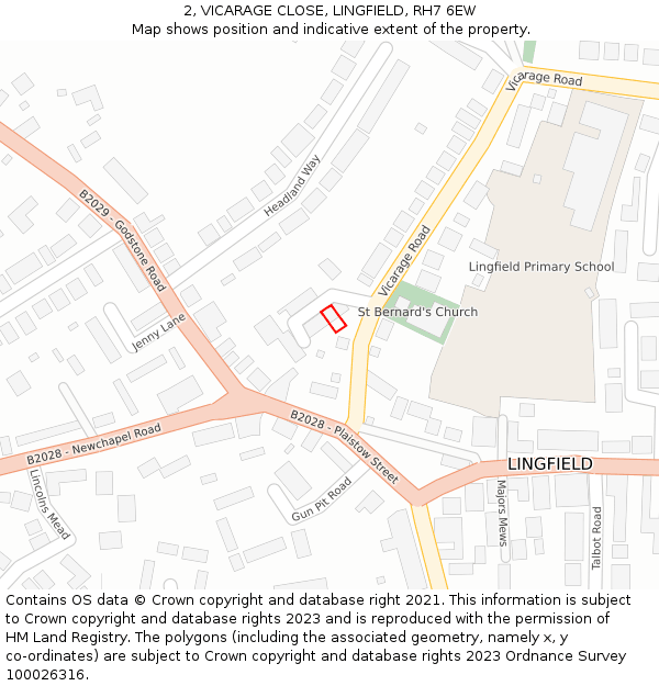 2, VICARAGE CLOSE, LINGFIELD, RH7 6EW: Location map and indicative extent of plot