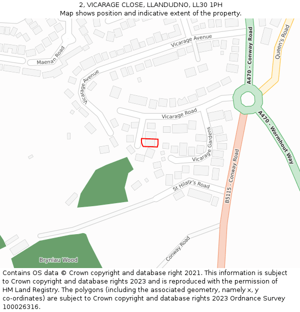 2, VICARAGE CLOSE, LLANDUDNO, LL30 1PH: Location map and indicative extent of plot