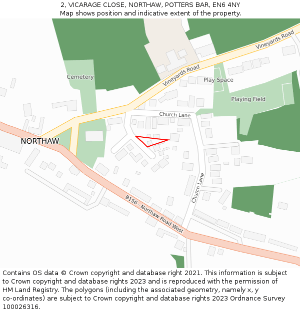 2, VICARAGE CLOSE, NORTHAW, POTTERS BAR, EN6 4NY: Location map and indicative extent of plot