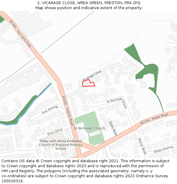 2, VICARAGE CLOSE, WREA GREEN, PRESTON, PR4 2PQ: Location map and indicative extent of plot