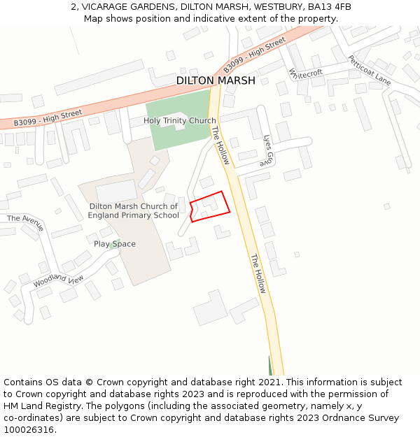 2, VICARAGE GARDENS, DILTON MARSH, WESTBURY, BA13 4FB: Location map and indicative extent of plot