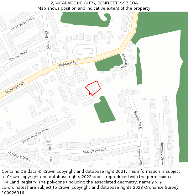 2, VICARAGE HEIGHTS, BENFLEET, SS7 1QA: Location map and indicative extent of plot